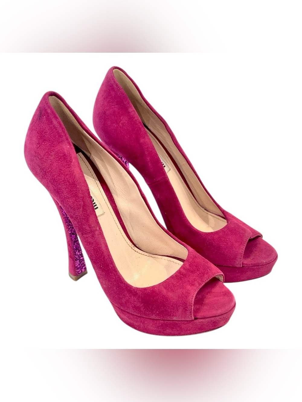 Miu Miu Fuchsia Suede Peep-Toe Platform Pumps with Glitter Heel